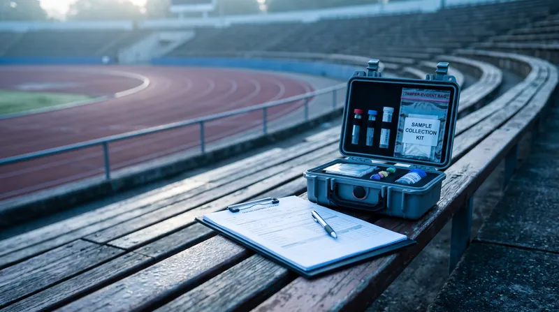 A doping control officer's clipboard and testing kit resting on a track and field stadium bench.