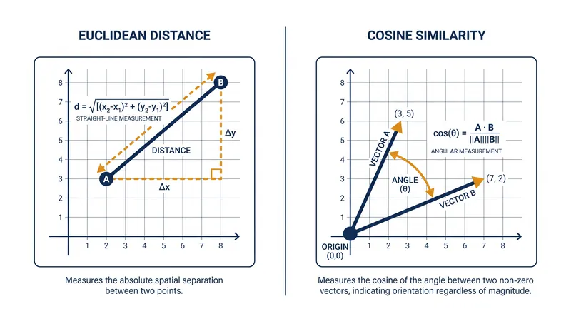 Cosine similarity measures the angle between vectors rather than the physical distance, bypassing the dimensional expansion problem.