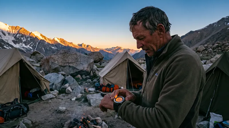A hiker at a high-altitude mountain camp checks their altimeter watch during sunset.