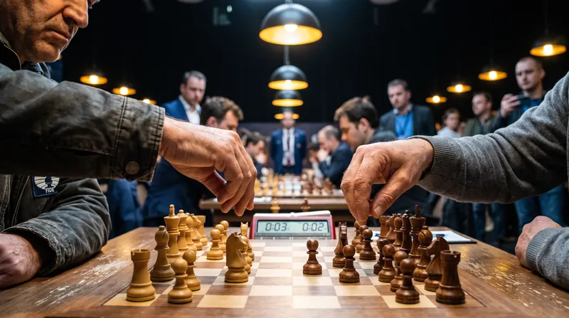 Close-up view of two players' hands hovering over a chessboard during a competitive tournament match.