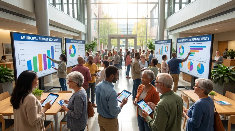 A diverse group of community members looking at digital tablets and large screens displaying colorful budget charts in a bright civic center.