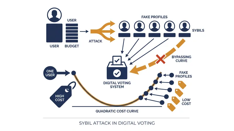 Without strict identity verification, digital quadratic voting systems are vulnerable to users creating fake accounts to maximize their voting power.