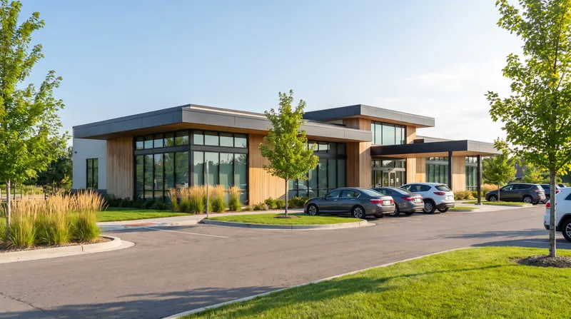 A modern, single-story medical office building with a glass facade and manicured landscaping on a sunny day.