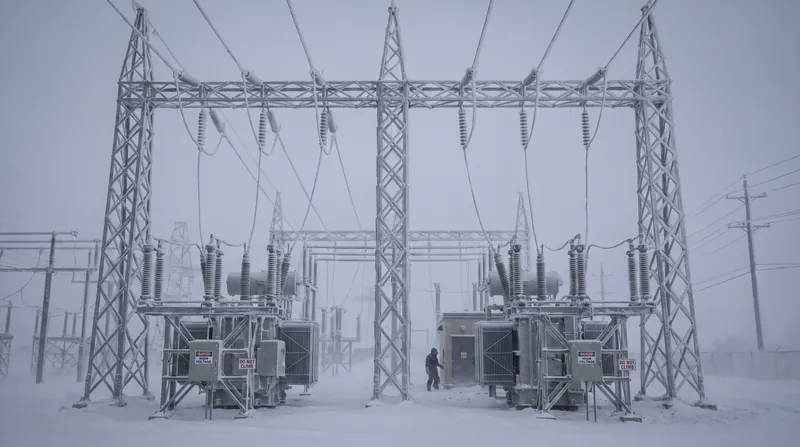 A snow-covered high-voltage electrical substation with frost on the metal structures under a gray winter sky.