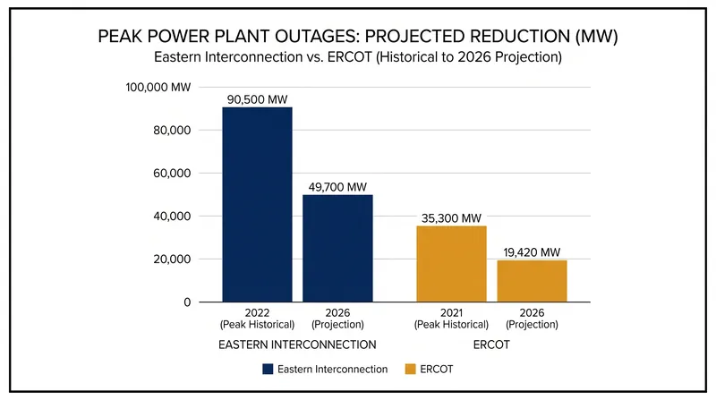Peak generator outages fell sharply during the 2026 winter storms compared to previous crises.