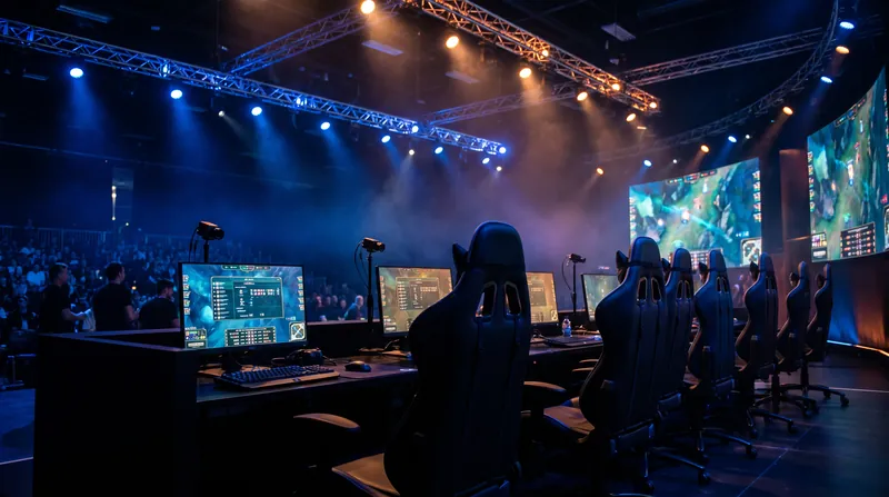 A dimly lit esports tournament stage viewed from behind empty gaming chairs, with glowing monitors and dramatic overhead lighting.