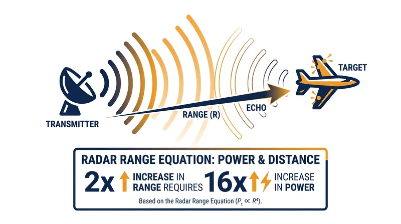 Because radar signals must travel to the target and back, the energy decays according to the inverse fourth power of the distance.