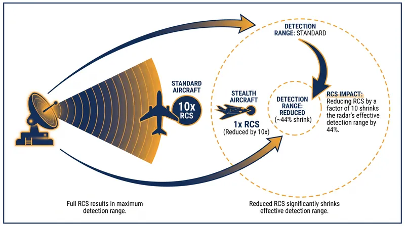 Reducing a target's radar cross section forces the transmitting radar to exponentially increase its power to maintain the same detection range.