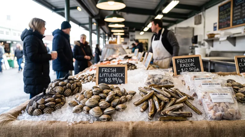 A display of fresh and frozen clams on ice at a seafood market.