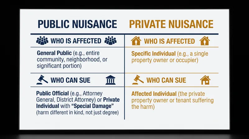 How the law distinguishes between public and private nuisances.