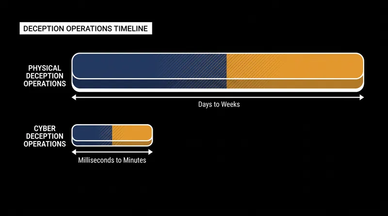 The timeline disparity between physical and digital deception operations.