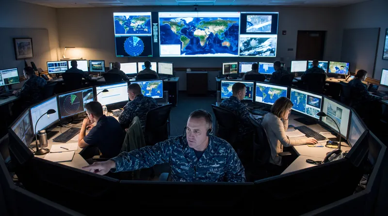 Military analysts working at computer terminals in a dimly lit command center with large digital map displays.