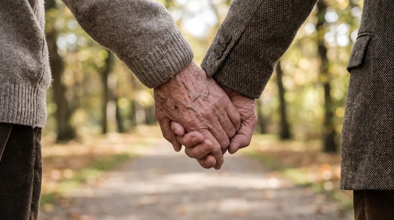 Close-up of an older couple holding hands while walking outdoors, focusing on their intertwined hands.