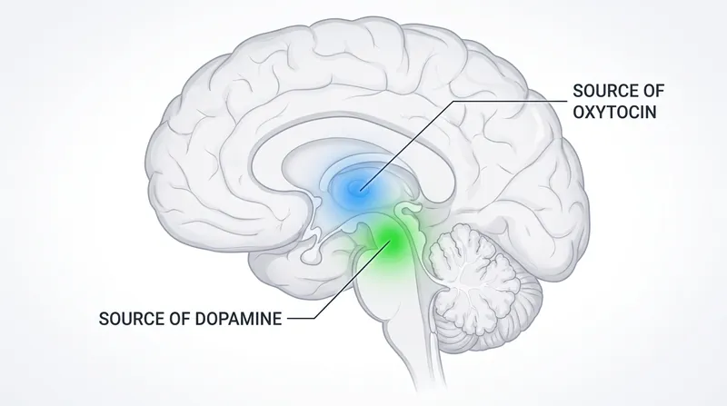The ventral tegmental area (VTA) drives early attraction via dopamine, while the hypothalamus produces oxytocin to sustain long-term bonds.