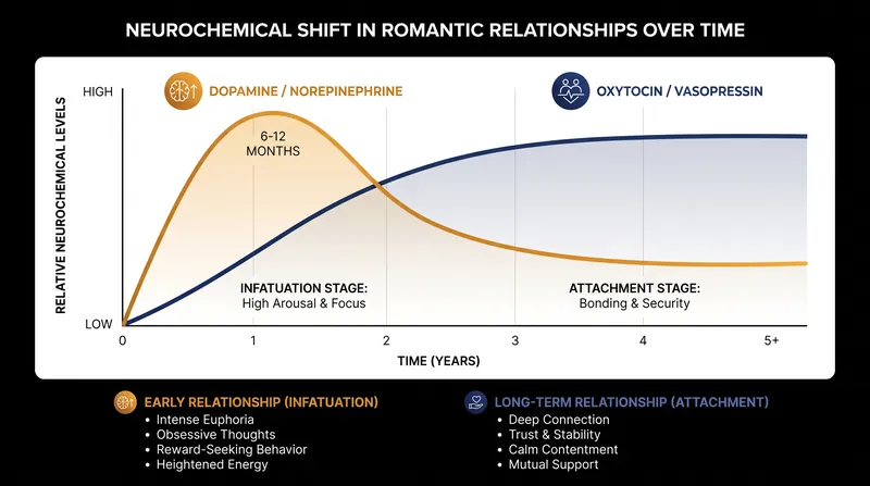 The neurochemical profile of a relationship shifts significantly as it transitions from early infatuation to long-term attachment.