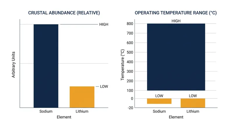 Sodium's elemental abundance and wide thermal operating range make it uniquely suited for stationary grid infrastructure.