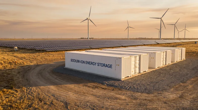Large white industrial battery storage containers lined up next to a solar farm and wind turbines at sunset.