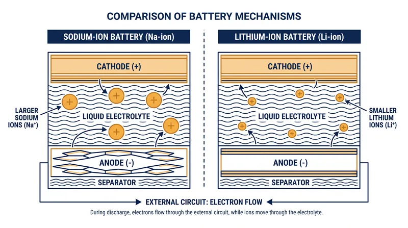 Sodium-ion batteries function similarly to lithium-ion cells but utilize larger, heavier sodium atoms as the working ion.