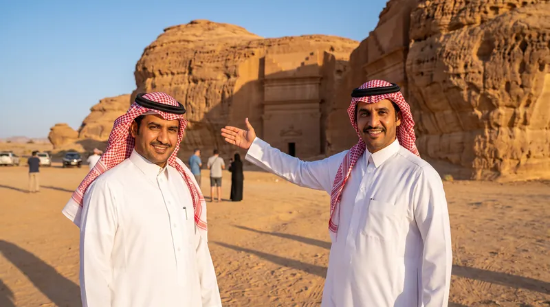 A professional Saudi tourist guide in traditional attire gesturing toward ancient sandstone structures in AlUla.