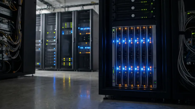 Rows of illuminated server racks in a dark enterprise data center.