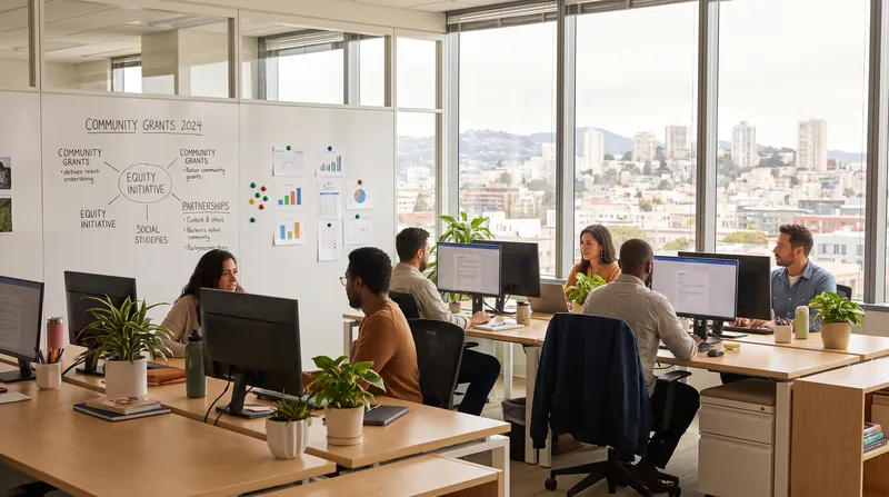 A brightly lit, modern office workspace with clean desks and a whiteboard.