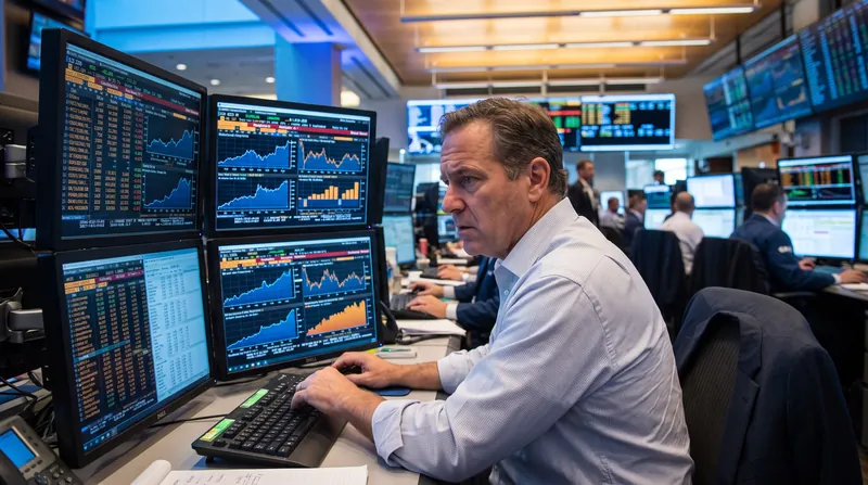 A portfolio manager looks at multiple screens displaying risk metrics and standard deviation charts.