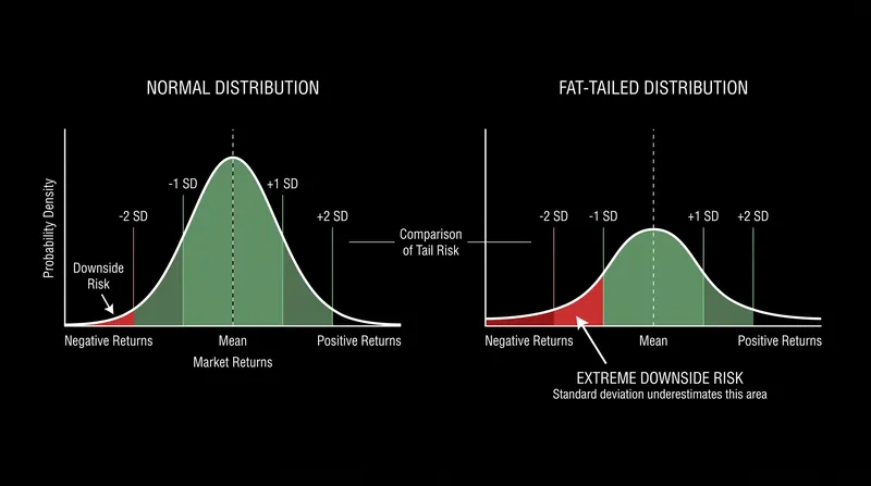 Standard deviation assumes a normal distribution, which can underestimate the frequency of extreme market crashes.