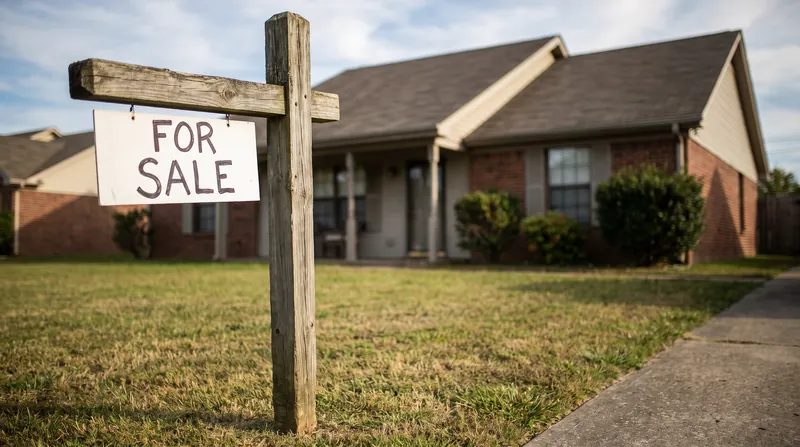 A real estate for sale sign stands in the front yard of a suburban home.