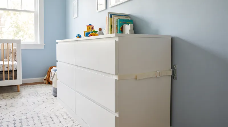 A modern white six-drawer wooden dresser standing in a bedroom, secured to the wall with a safety anchor strap.
