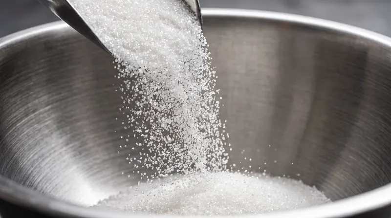 A close-up view of white granulated sugar pouring into a large stainless steel commercial mixing bowl.