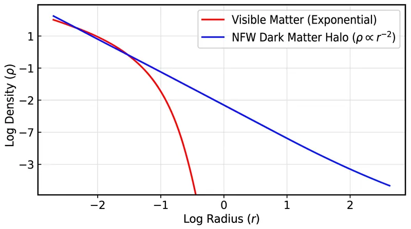 The NFW profile models how dark matter density falls off more gradually than visible stars.
