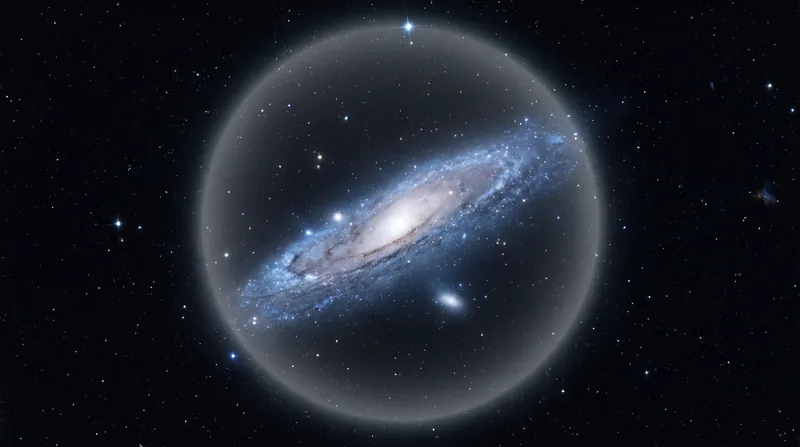 A spiral galaxy viewed against the blackness of space, surrounded by a faint, glowing spherical halo representing dark matter.