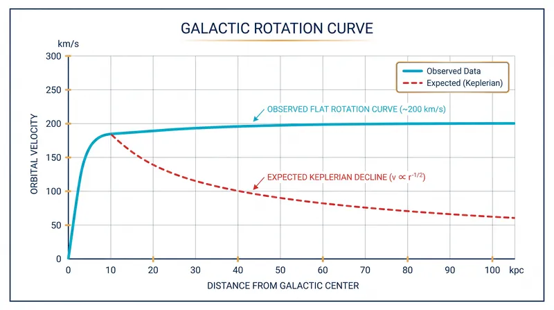 Observed flat rotation curves diverge sharply from the Keplerian decline predicted by visible mass alone.