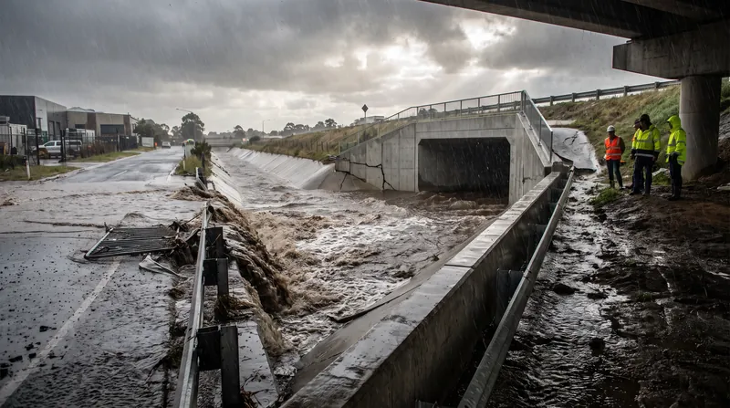 Massive volume of dark stormwater overwhelming a concrete municipal drainage channel during heavy rainfall.