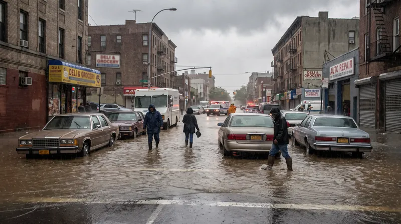 Urban flash flooding occurs when localized rainfall intensity exceeds the design capacity of subterranean drainage networks.