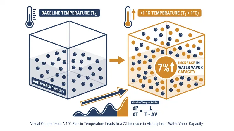 The Clausius-Clapeyron relation dictates a 7 percent increase in atmospheric moisture capacity for every degree Celsius of warming.