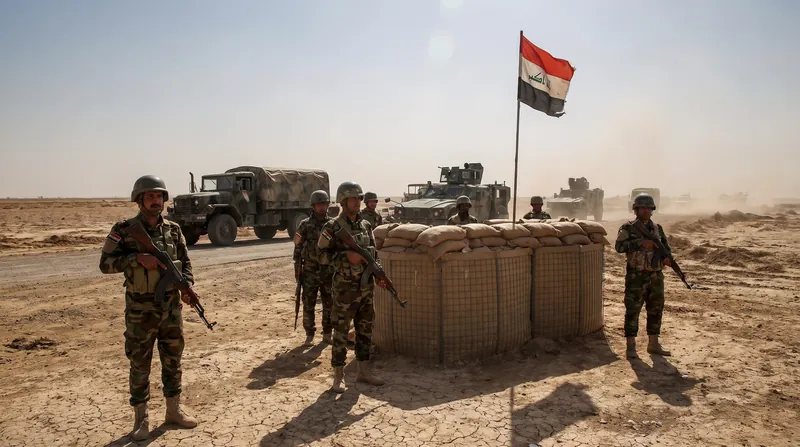 Iraqi border security forces standing guard at a desert checkpoint near the Iranian border.