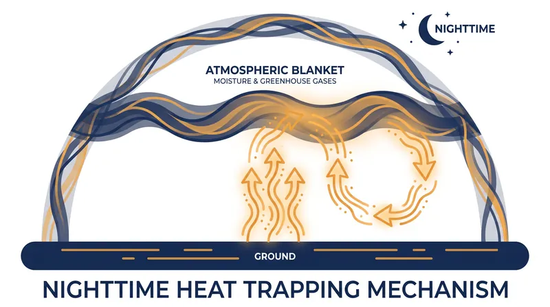 Elevated atmospheric moisture acts as a thermal blanket, preventing the landscape from cooling at night.