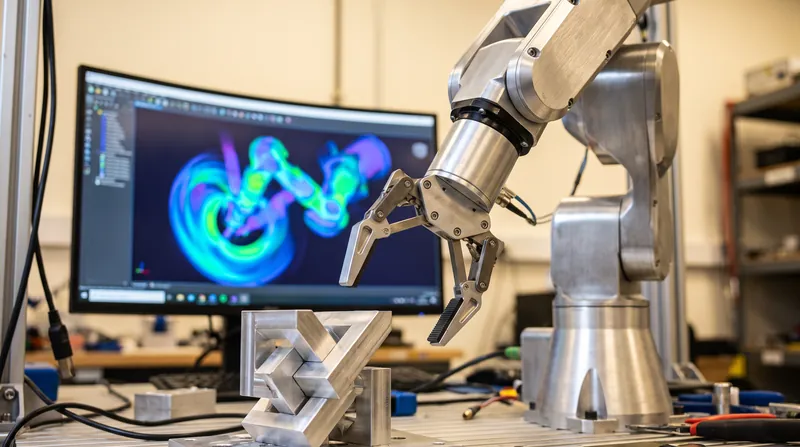 An industrial robotic arm grasps a metal part in a laboratory, with a computer monitor showing a colorful simulation of the same arm in the background.