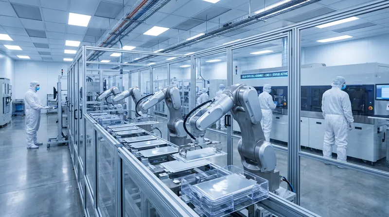 Automated robotic arms assembling battery cells in a cleanroom manufacturing facility.