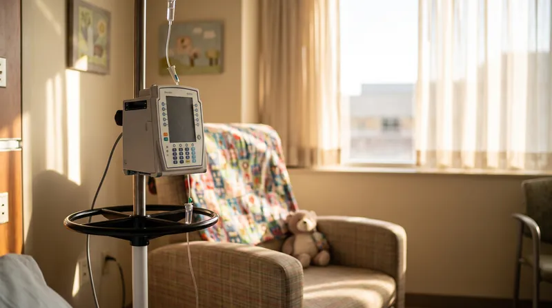 A modern medical IV infusion pump on a stand in a brightly lit pediatric hospital room.