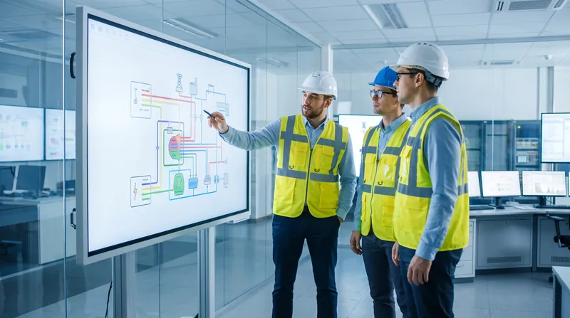 Engineers standing in a modern control room looking at a large digital screen displaying a complex data visualization.