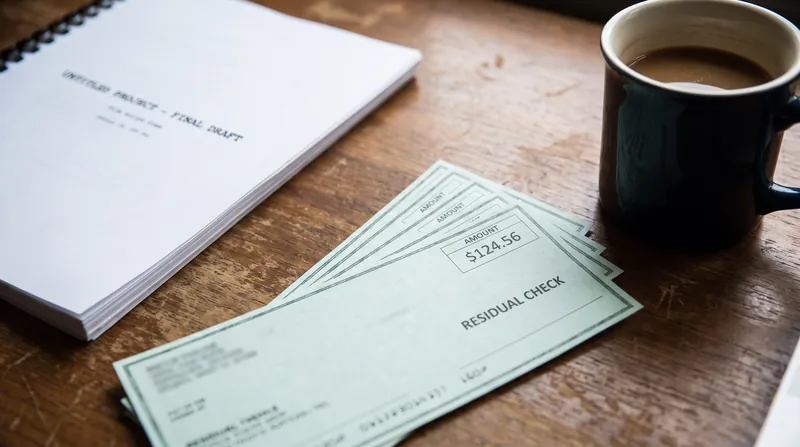 A stack of green residual checks resting on a wooden desk beside a script and coffee.