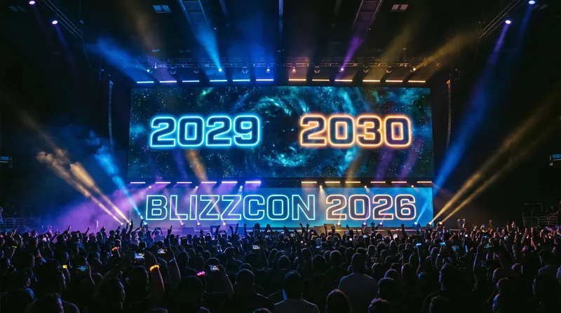 A massive crowd at BlizzCon 2026 looks up at a giant stage screen displaying the years 2029 and 2030.