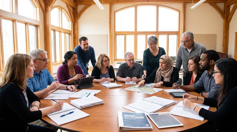 A diverse group of citizens sitting around a circular table in a bright community hall, engaged in a focused discussion with briefing materials.