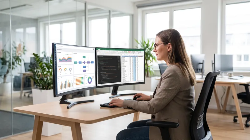 An office worker sitting at a desk looking at spreadsheet data across two computer monitors.