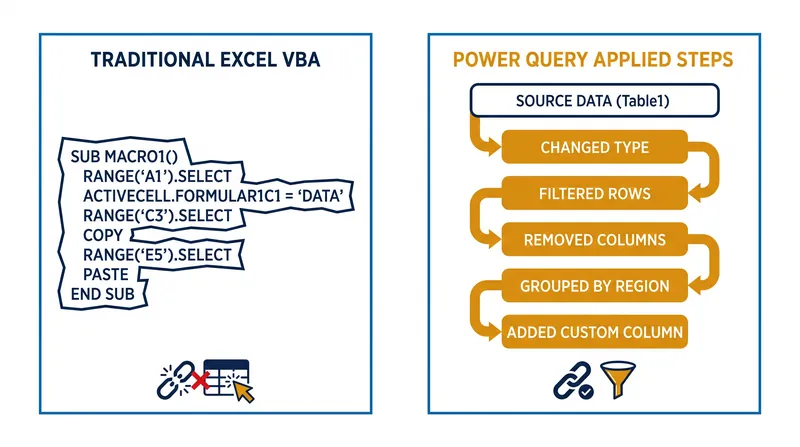 Unlike traditional macros, Power Query records structural transformations that adapt to changing data volumes.