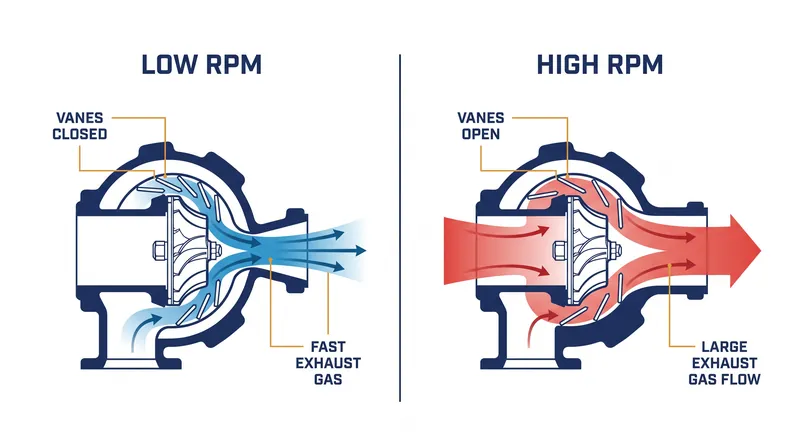 At low engine speeds, closed vanes accelerate exhaust gas to spool the turbo instantly; at high speeds, open vanes allow maximum flow.