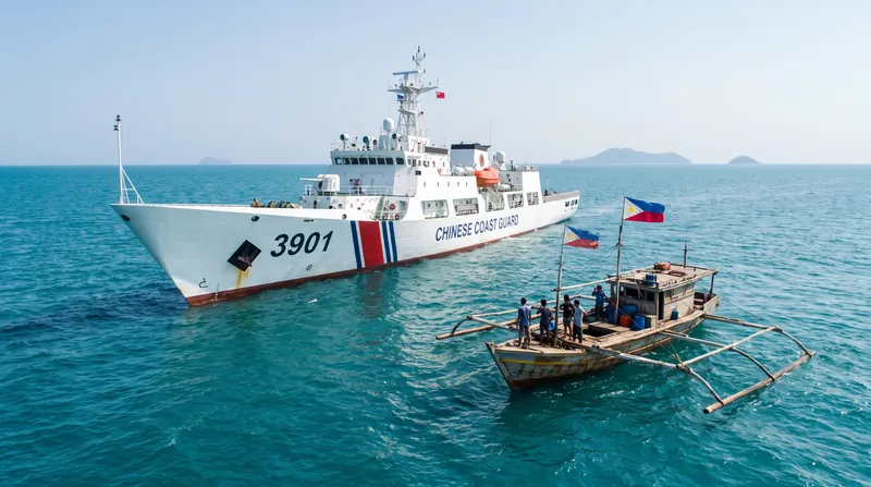 A Chinese Coast Guard vessel closely shadowing a smaller Philippine supply boat in blue waters.