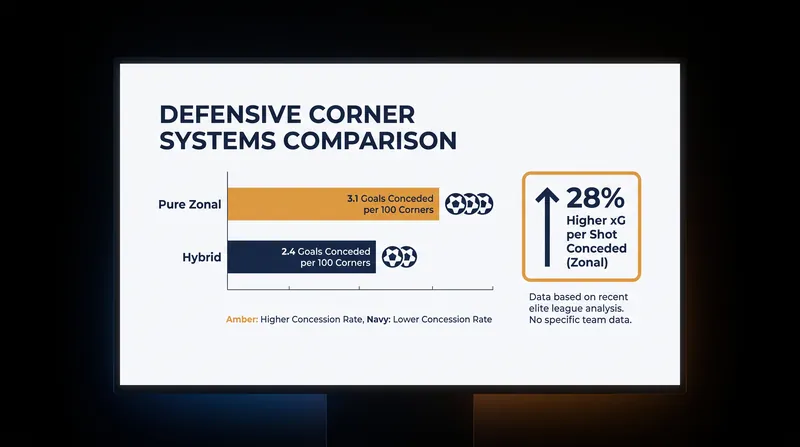 While pure zonal systems clear more total crosses, the hybrid system is statistically superior at preventing high-quality chances.